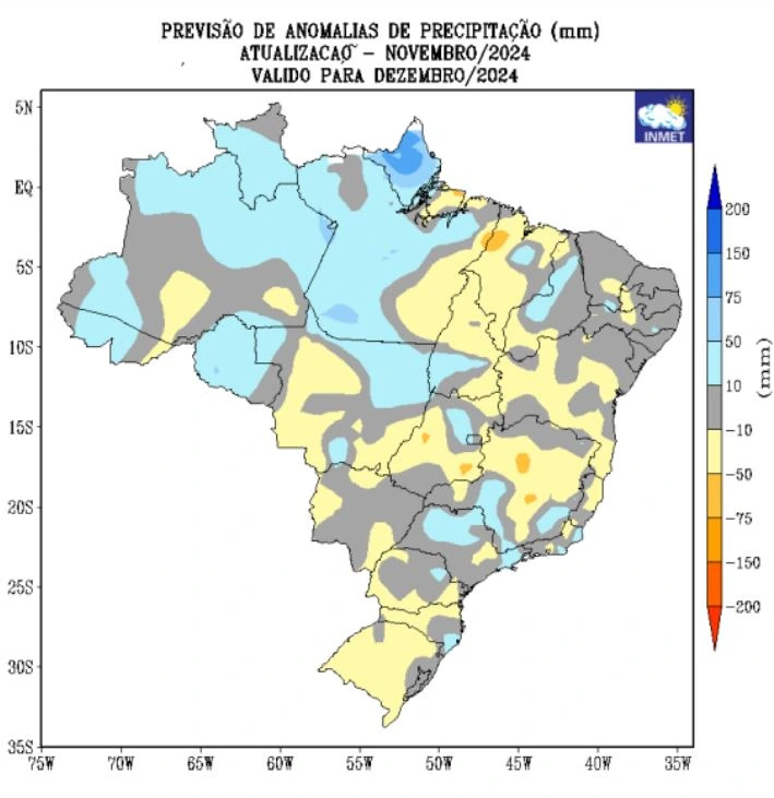 A imagem mostra um mapa detalhando a precipitação do mês de dezembro no país